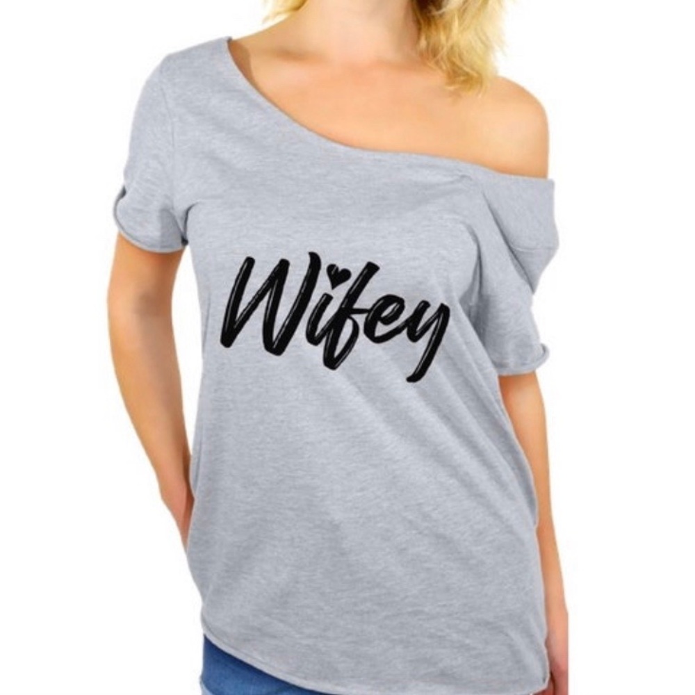 Grey Off Shoulder Asymmetrical Top “Wifey”